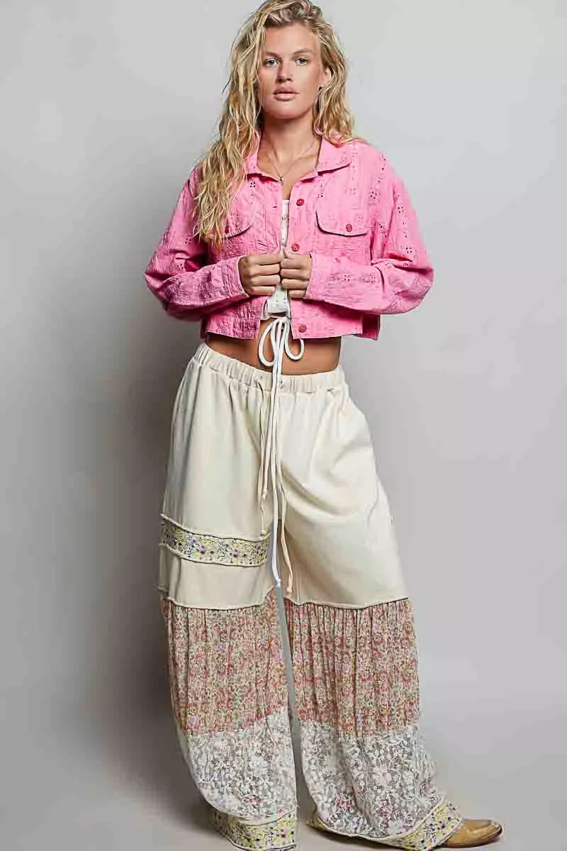 POL Eyelet Textured Cotton Cropped Button-Front Jacket in Candy Pink, view 5