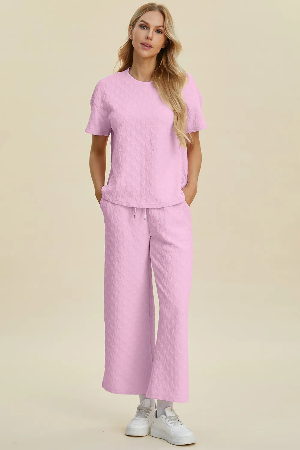 Double Take Full Size Texture Round Neck Short Sleeve Top and Pants Set, view 6