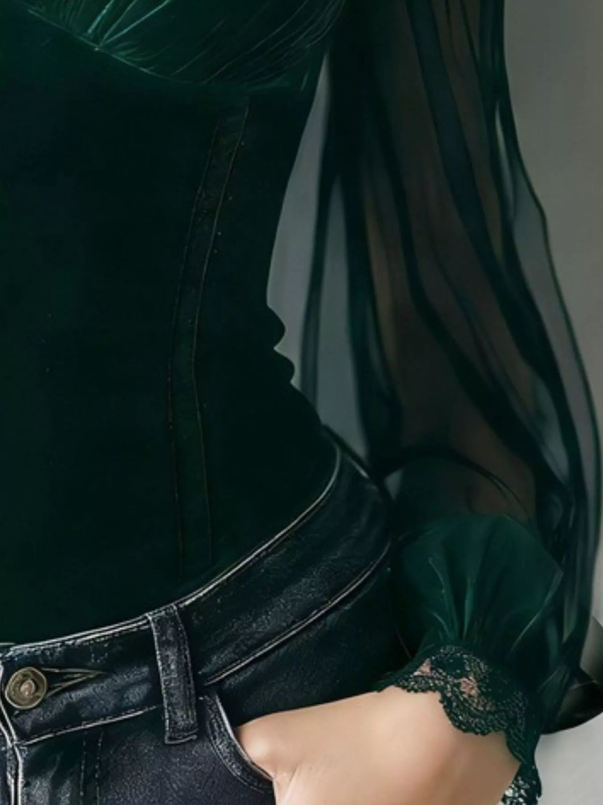 Lace Trim Velvet Sheer Sleeve Blouse - Lilixa.store