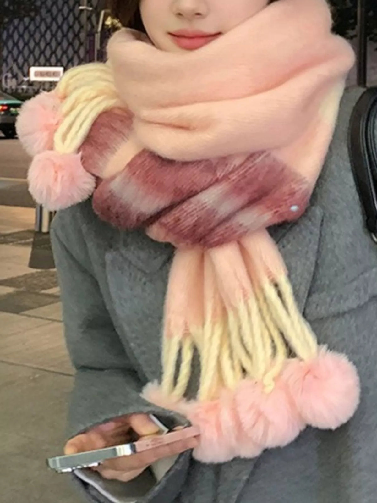 Striped Scarf with Pom-Poms - Lilixa.store