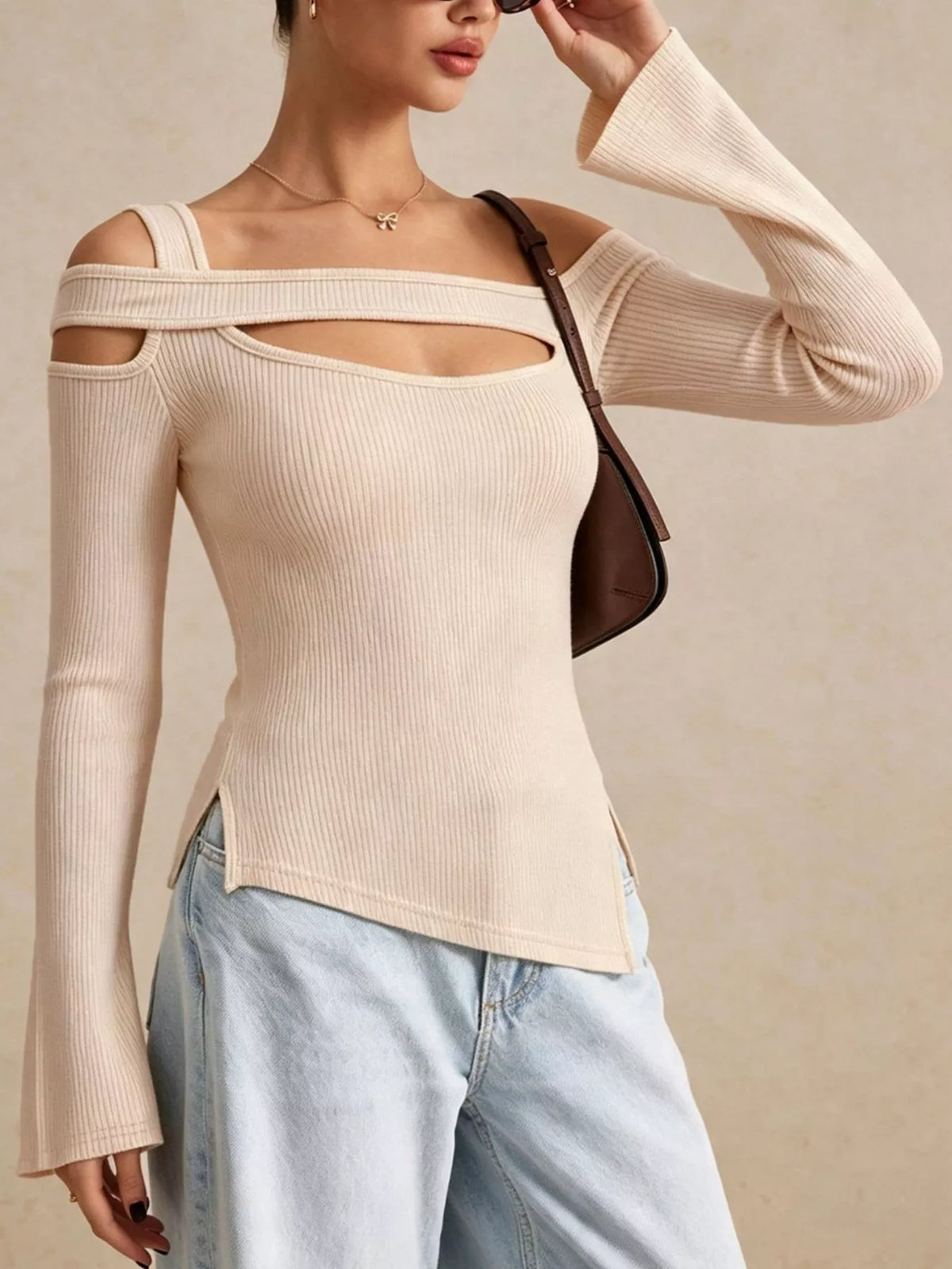 Side Slit Cutout Ribbed Long Sleeve T-Shirt