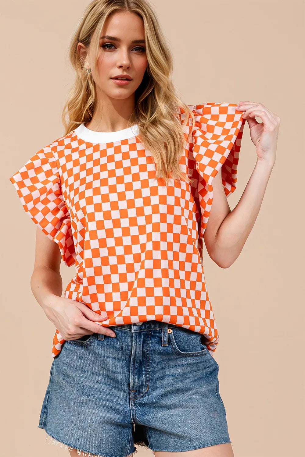 Oh Checkered Round Neck Puff Sleeve Blouse in Tangerine
