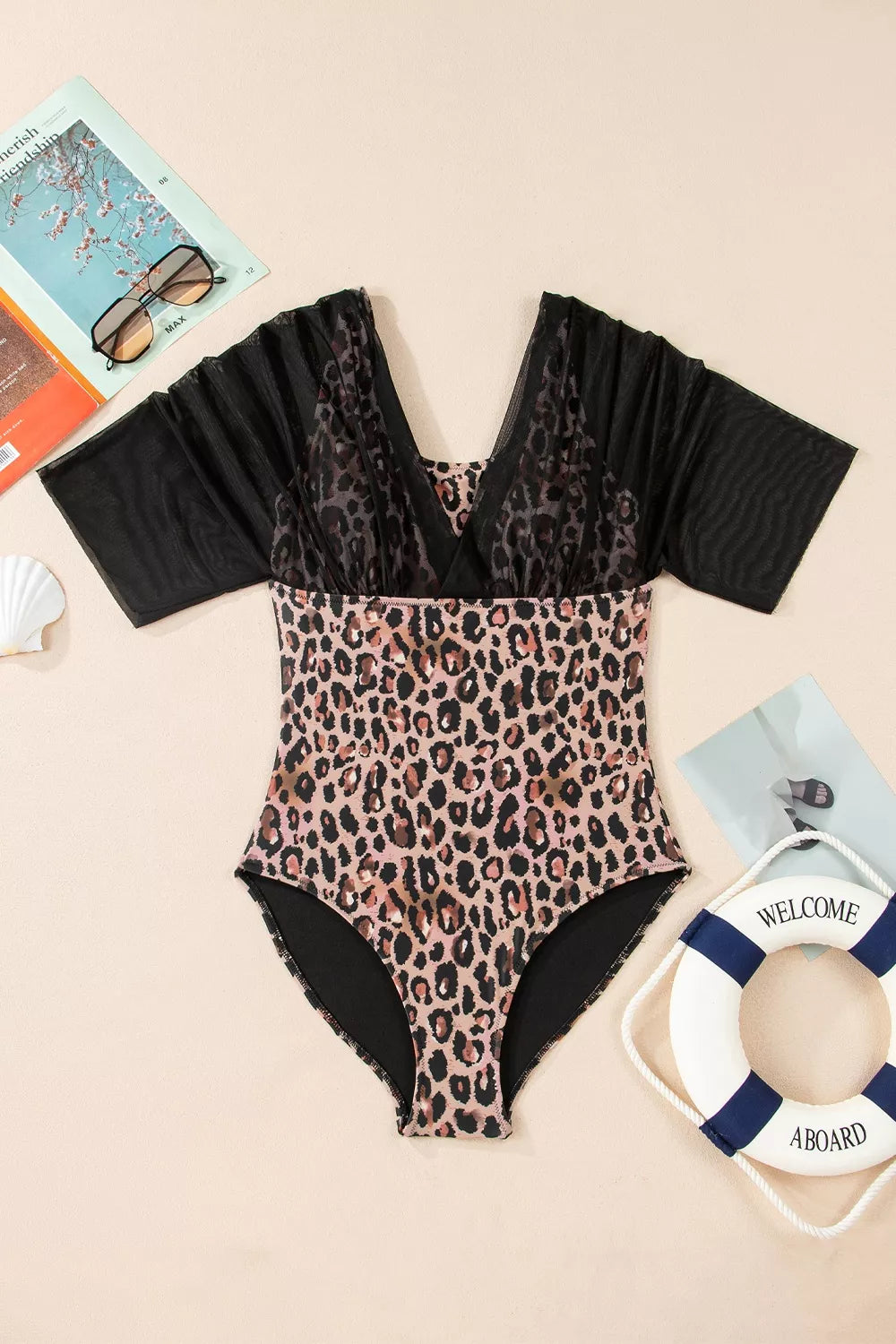 Mesh Patchwork V Neck Half Sleeve Bodycon One Piece Swimwear - Lilixa.store