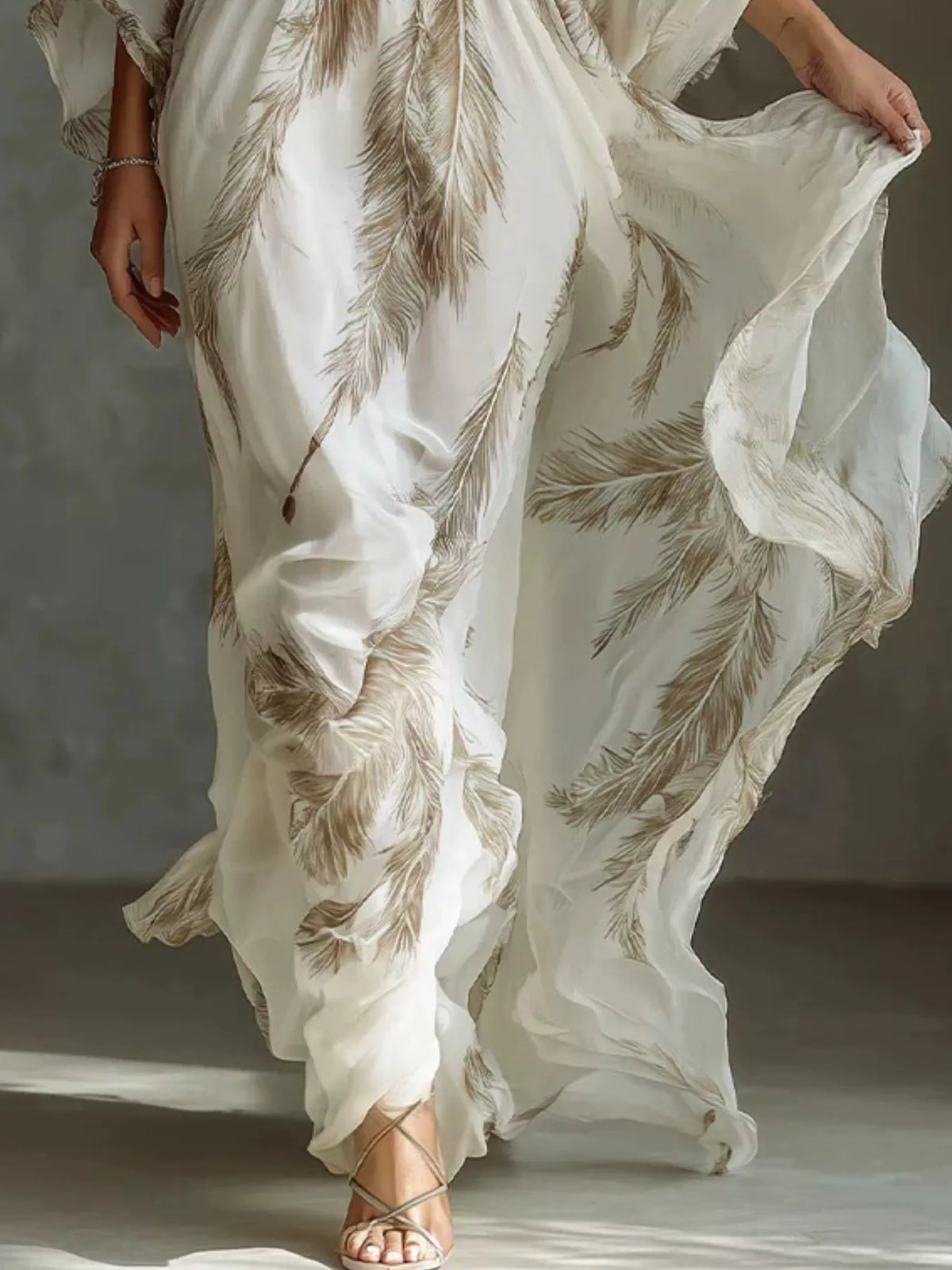 Full Size Feather Print V-Neck Flowy Maxi Dress Plus Size - Lilixa.store