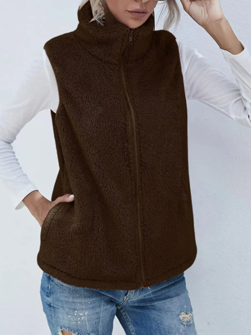 Full Size Fuzzy Zip Up Vest Coat with Pockets in Chocolate