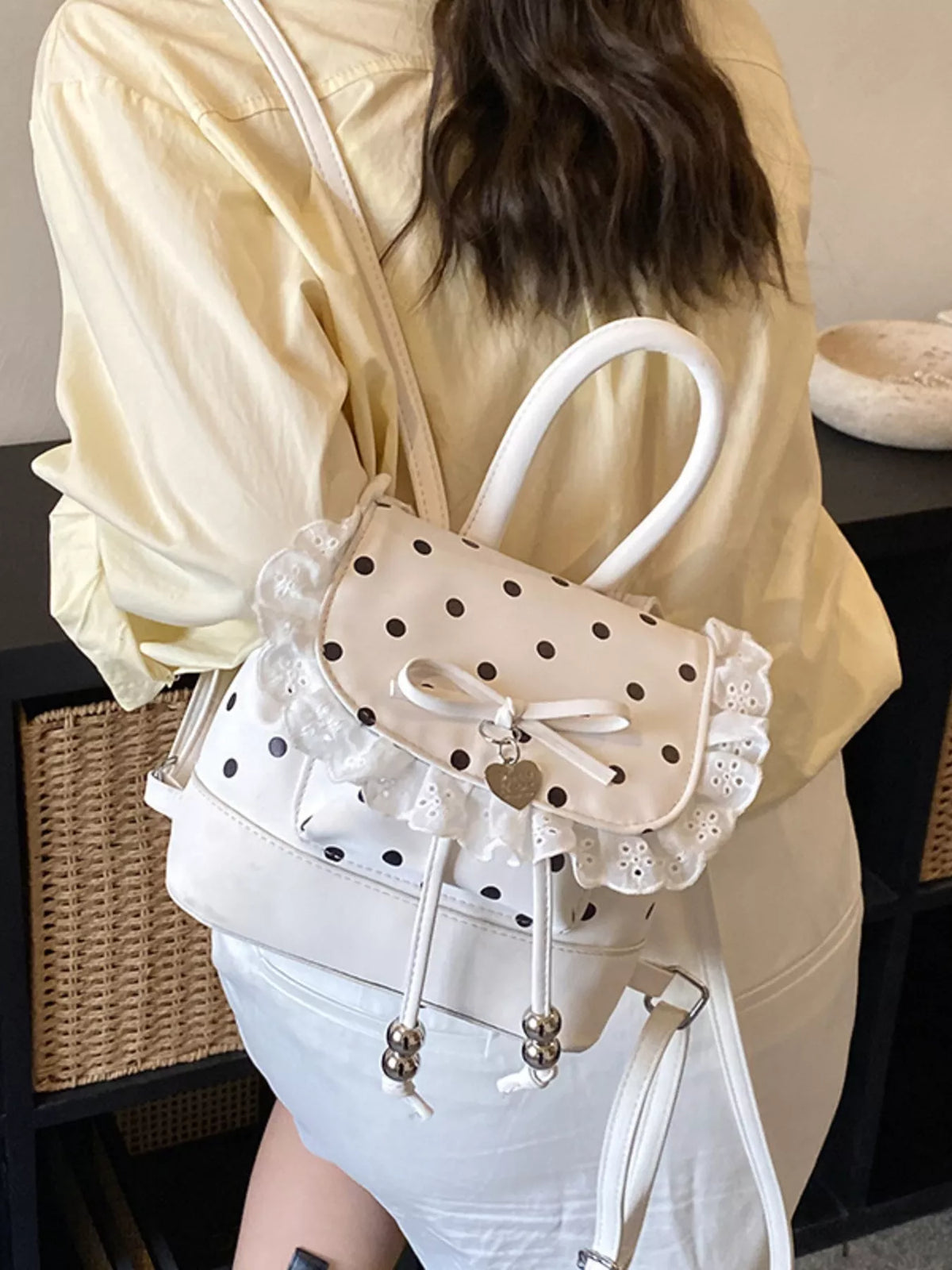 Polka Dot Lace Trim Backpack Bag - Lilixa.store