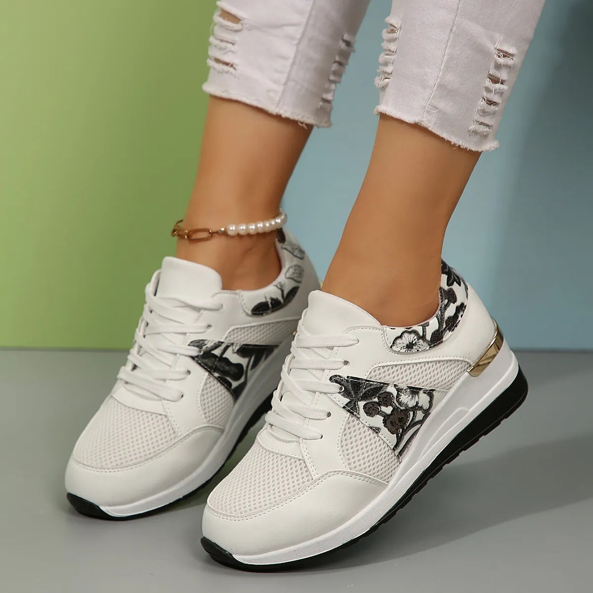 Floral Mesh Wedge Athletic - Lilixa.store