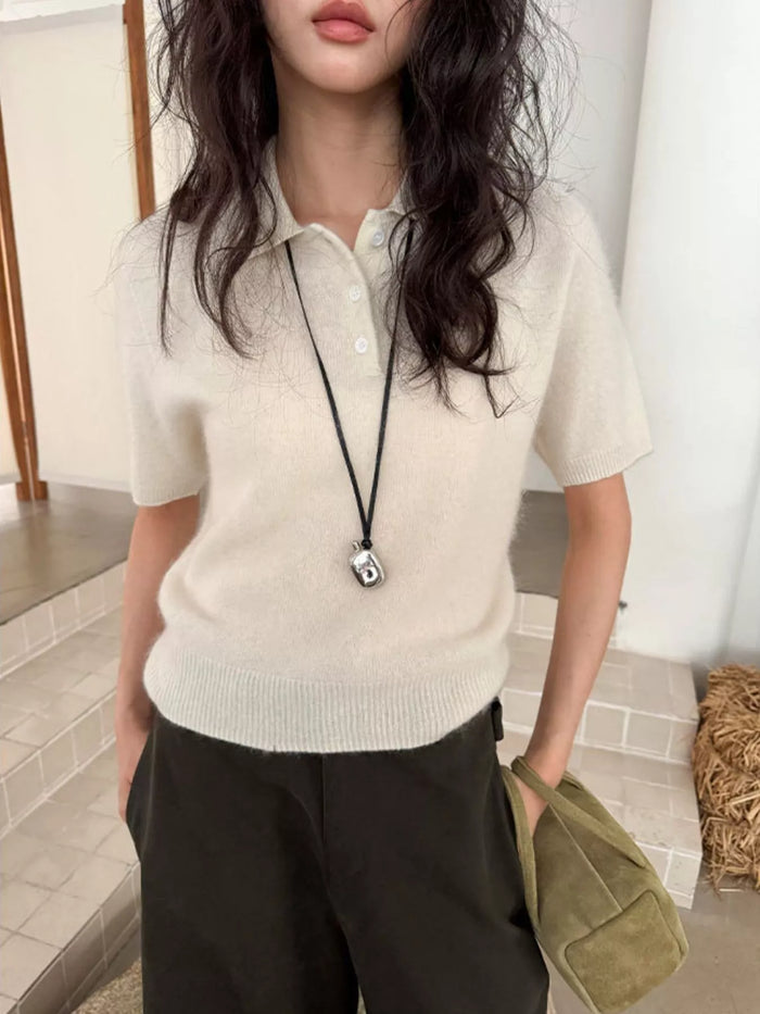Wool Short-Sleeve knitted Polo Shirt in Beige