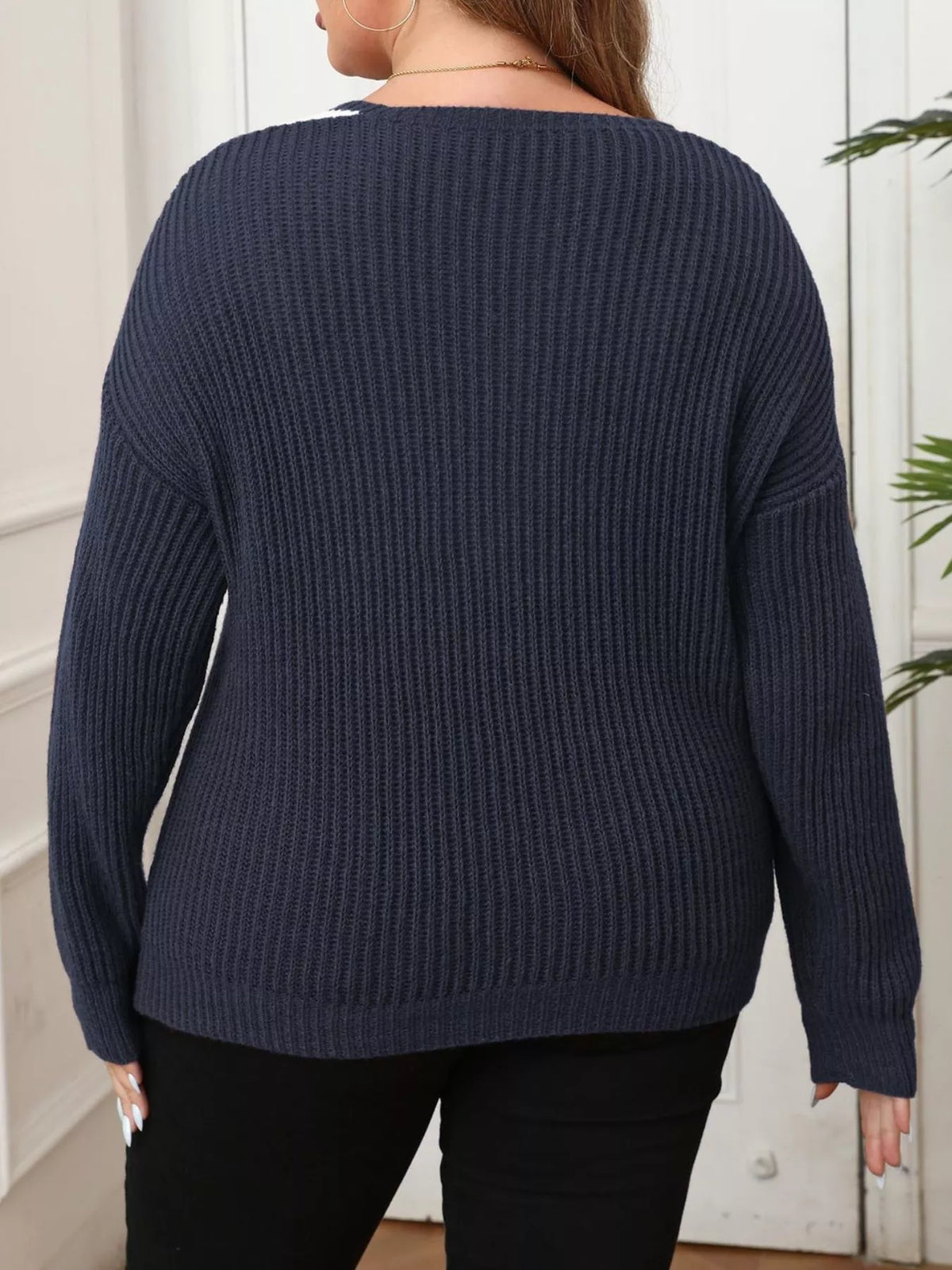 Plus Size Contrast Trim Button-Decorated Sweater - Lilixa.store