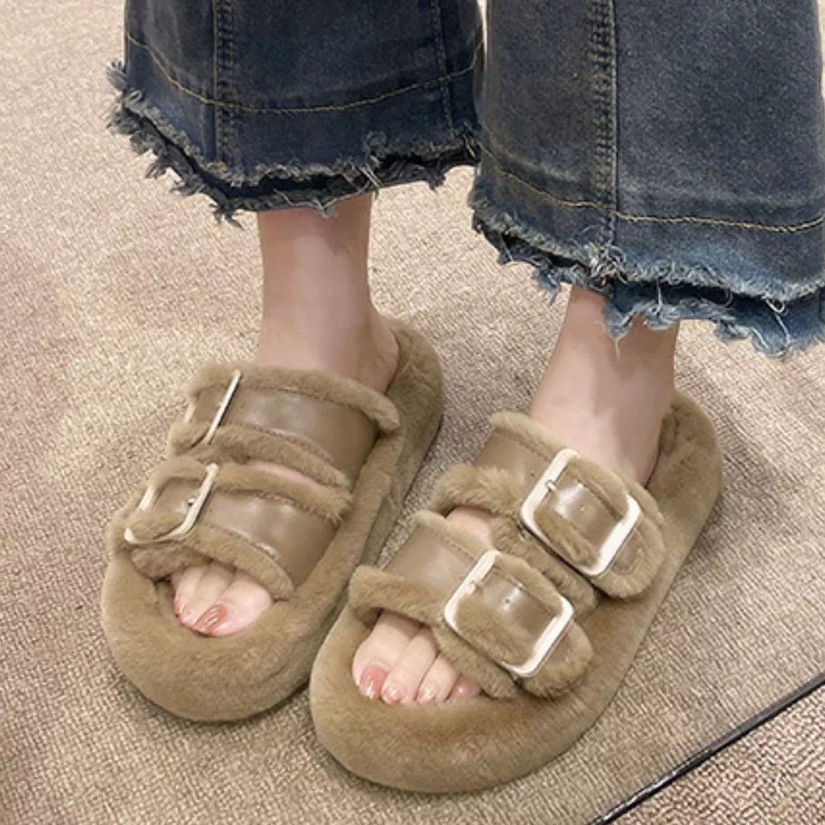 Fuzzy Buckle Detail Slippers - Lilixa.store