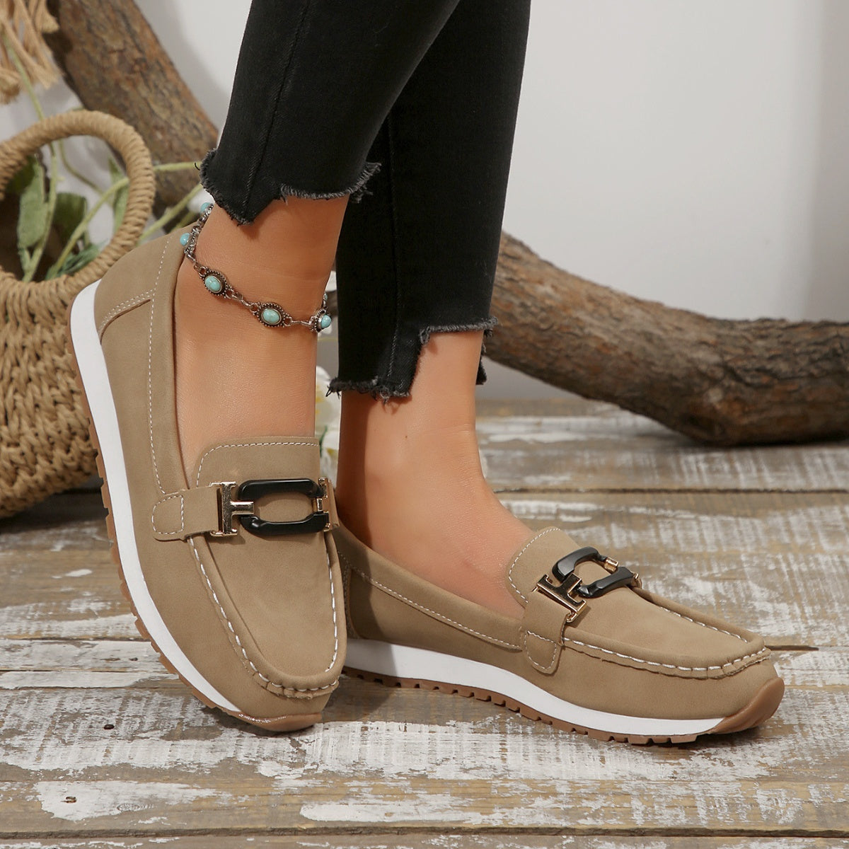 Buckle Decor Casual Slip-Ons in Khaki