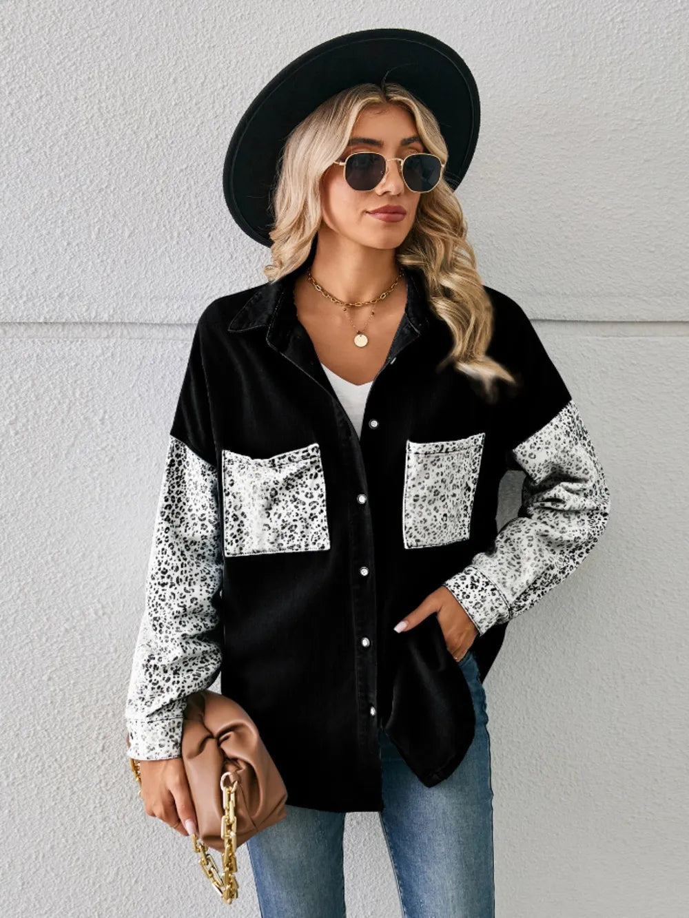 Leopard Button Up Denim Jacket in Black