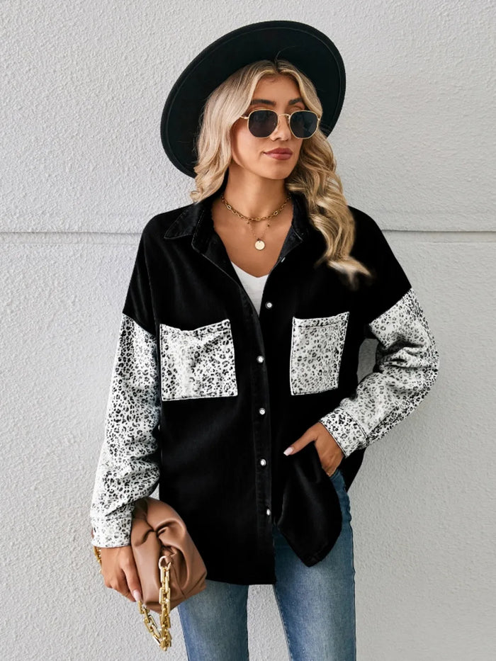 Leopard Button Up Denim Jacket in Black