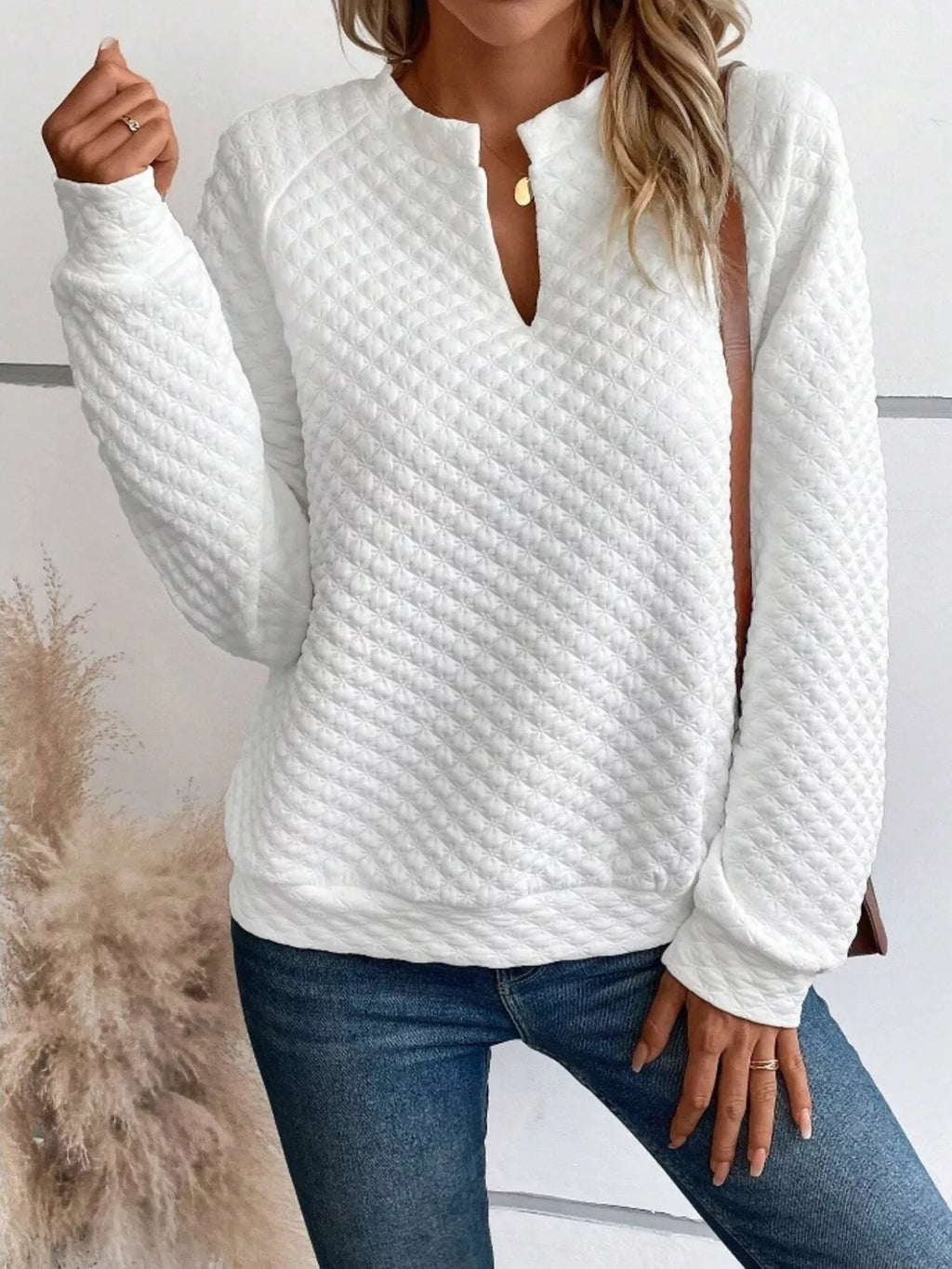 Quilted Texture Long Sleeve Sweatshirt with Notched Neck - Lilixa.store