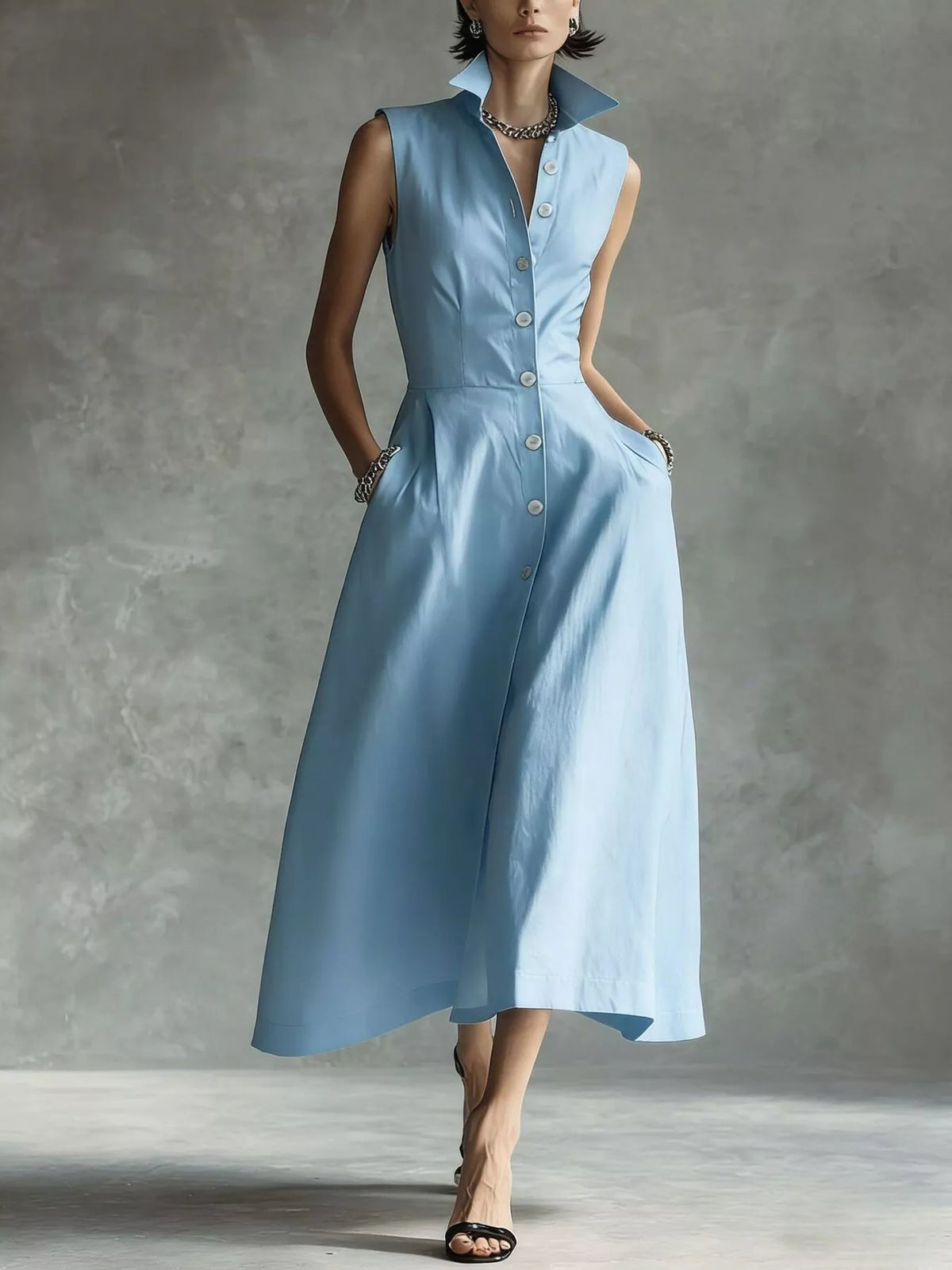 Sleeveless Button-Down Midi Shirt Dress in Light Blue