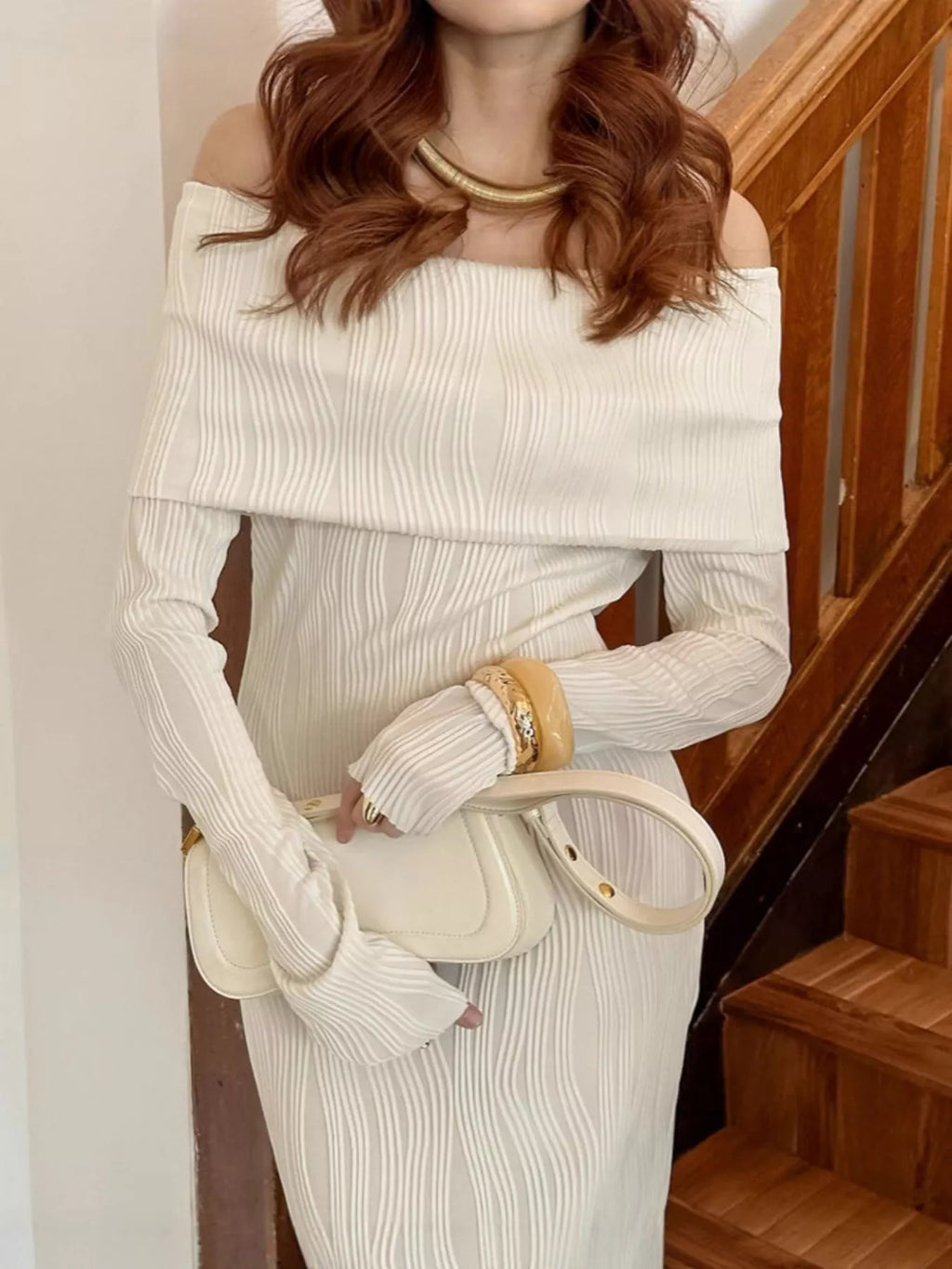 Off-Shoulder Textured Knit Maxi Dress - Lilixa.store