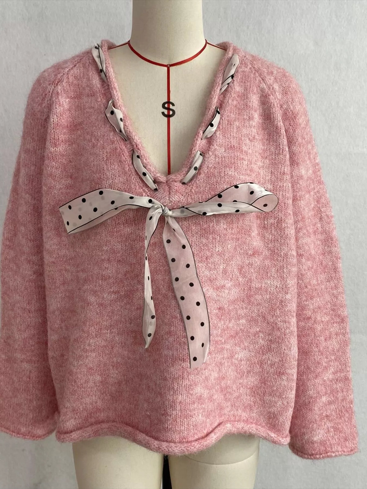 Chic V-Neck Sweater with Polka Dot Ribbon Tie, view 10