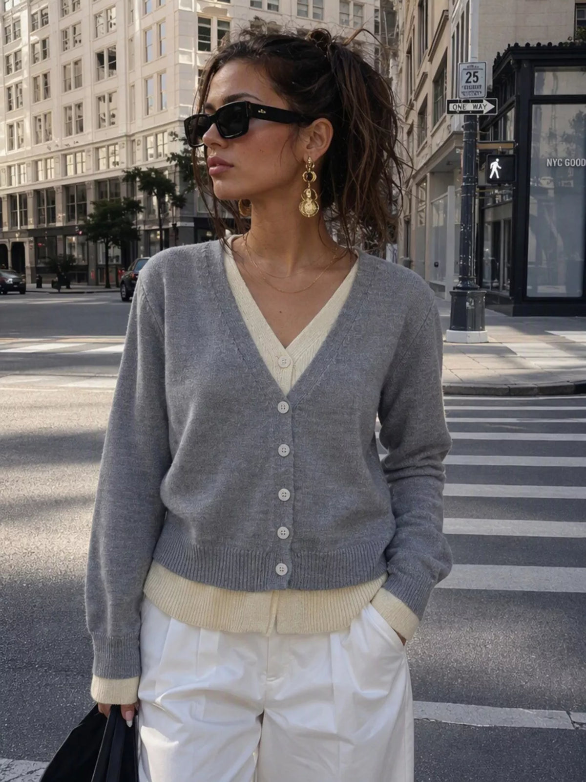 V-Neck Button-Down Contrast Layered Cardigan, view 2