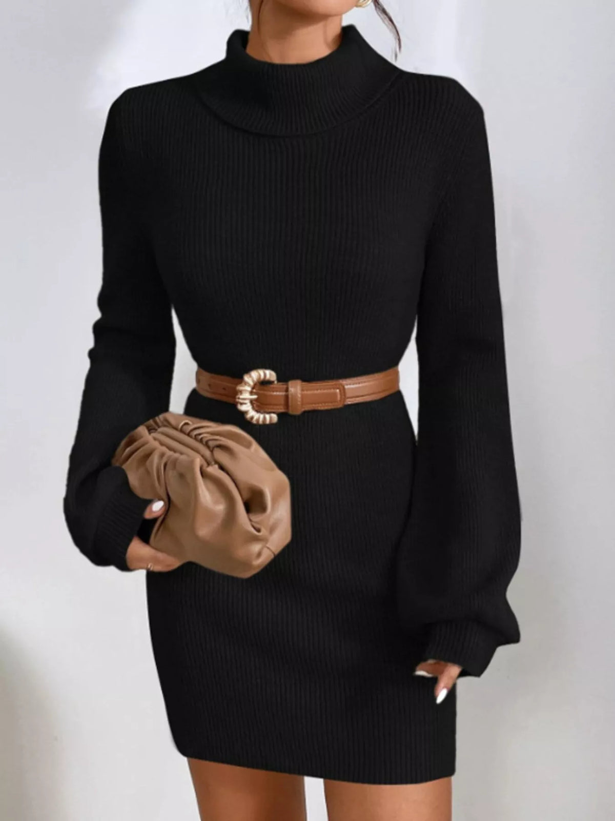 Turtleneck Ribbed Knit Sweater Dress, view 17