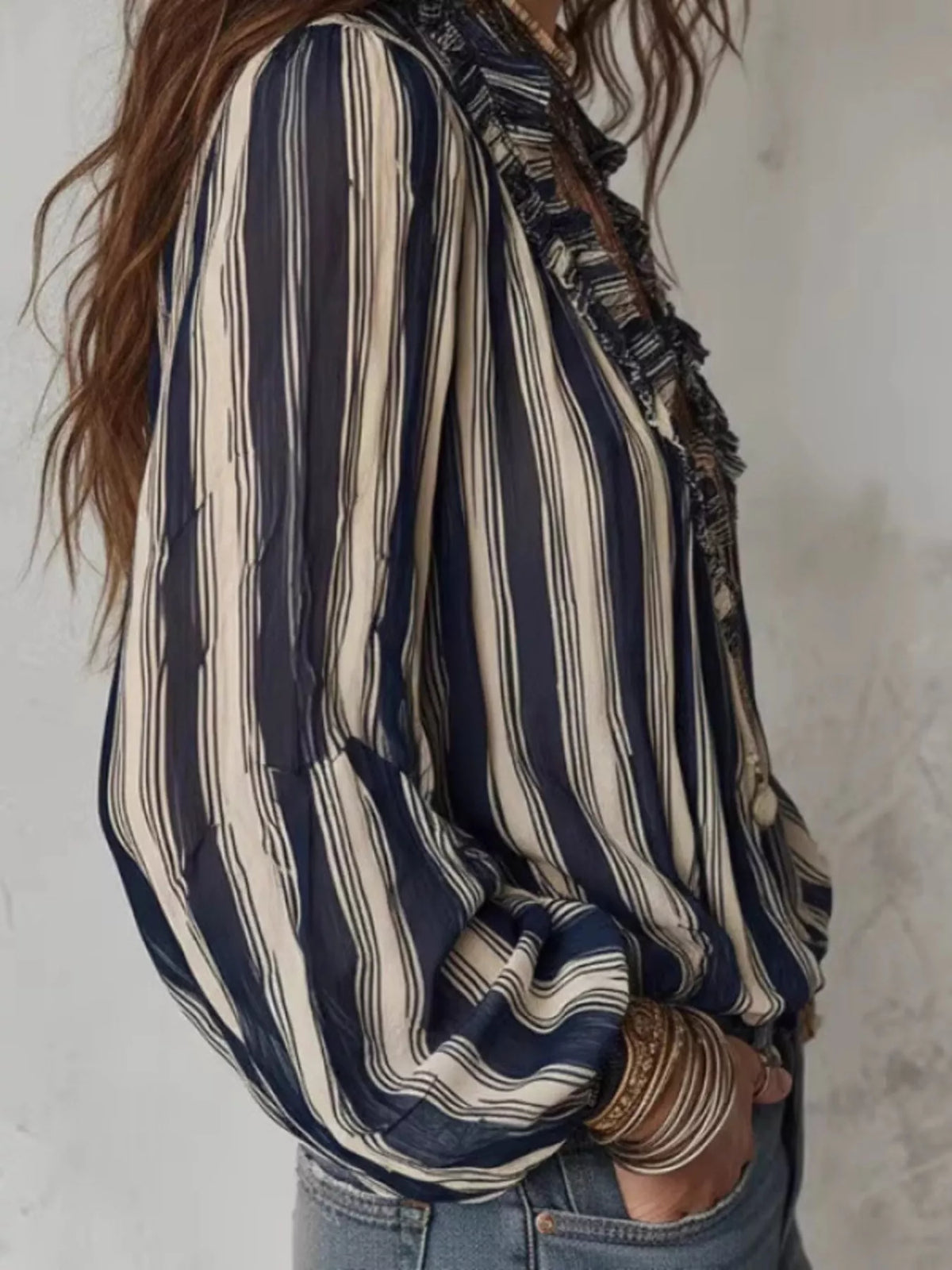 Striped Balloon Sleeve Blouse in Dark Blue, view 2