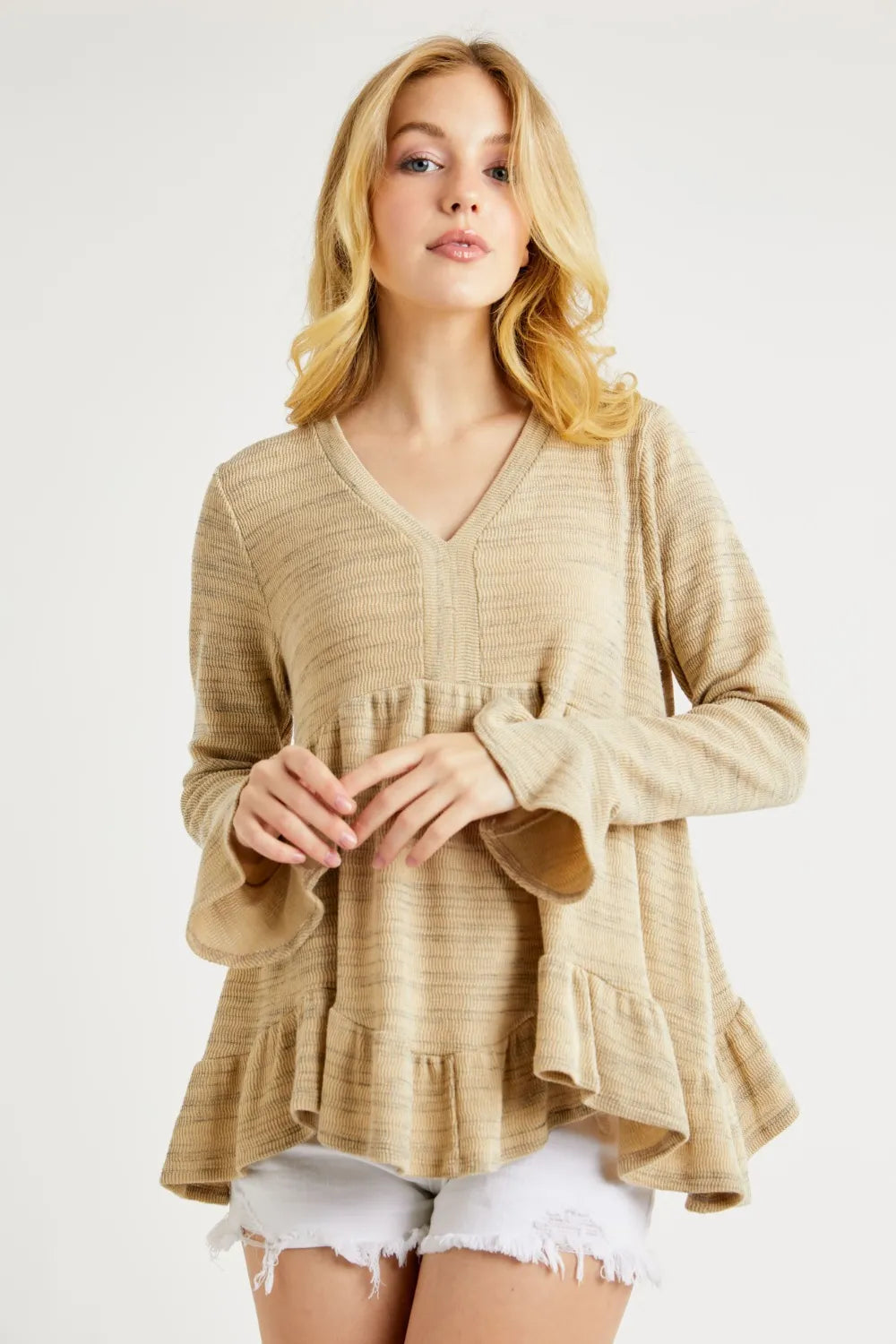 Hailey & Co V-Neck Flounce Sleeve Knit Top - Lilixa.store