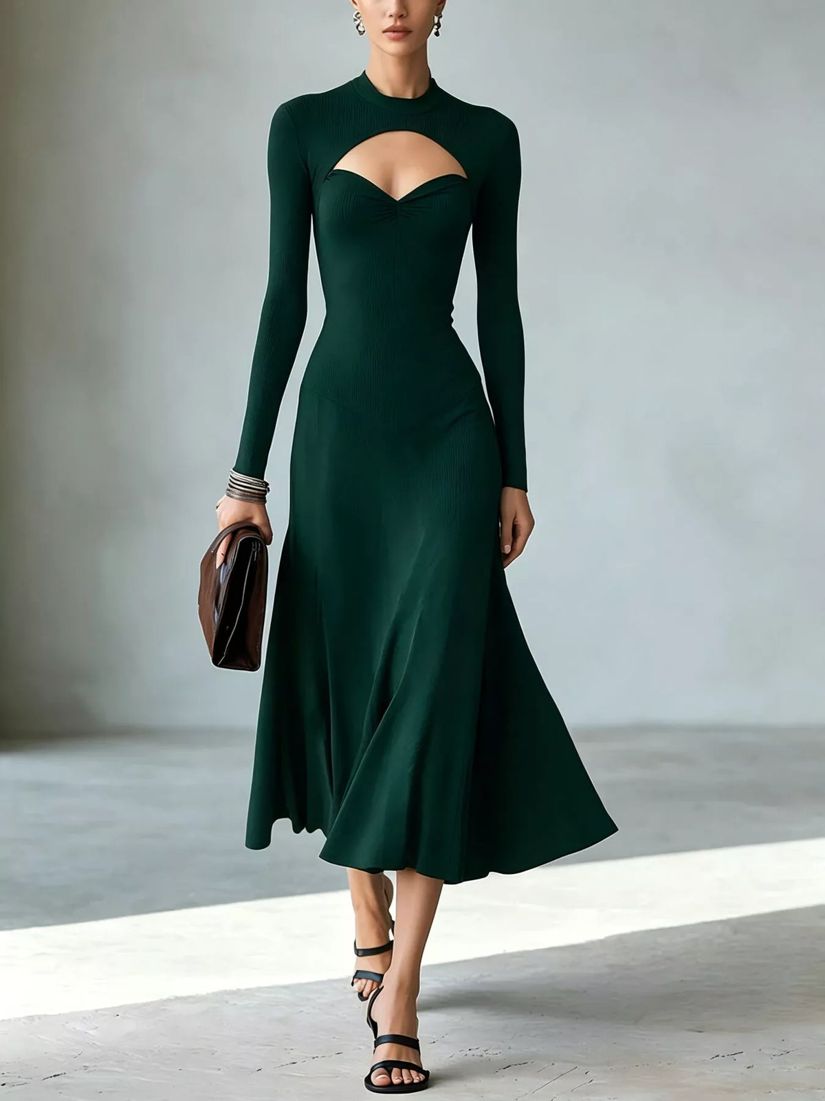 Full Size Mock Neck Cut-Out Long Sleeve Midi Dress Plus Size - Lilixa.store