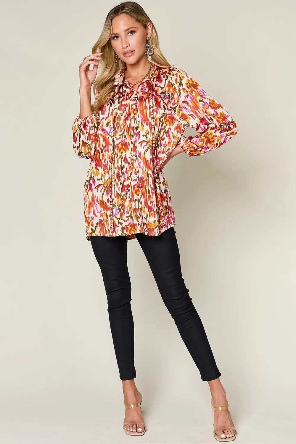 Double Take Full Size Printed Button Up Long Sleeve Shirt - Lilixa.store