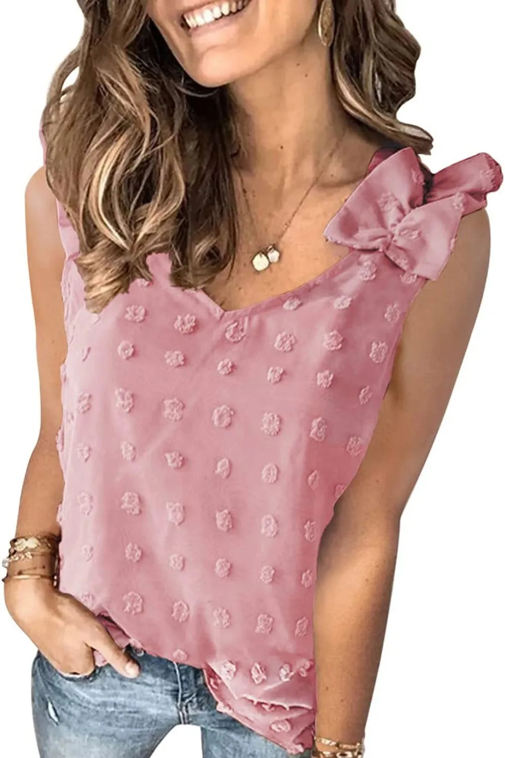 Full Size Swiss Dot V-Neck Tank - Lilixa.store