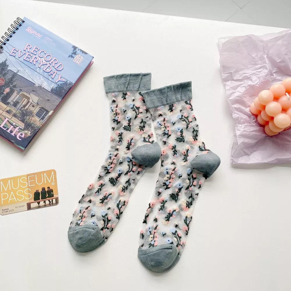 Floral Sheer Crew Socks 5 Pair Set