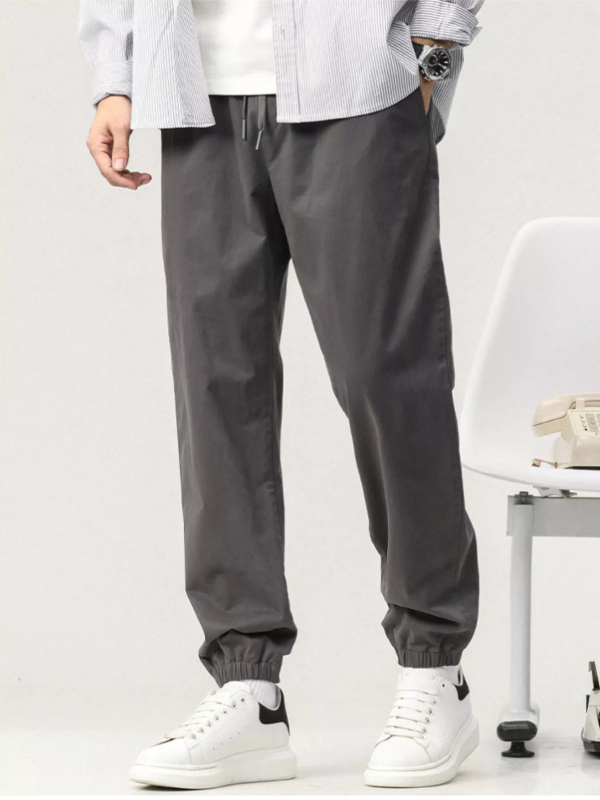 Men's Plus Size Casual Drawstring Ankle Cuffed Pants in Dark Gray