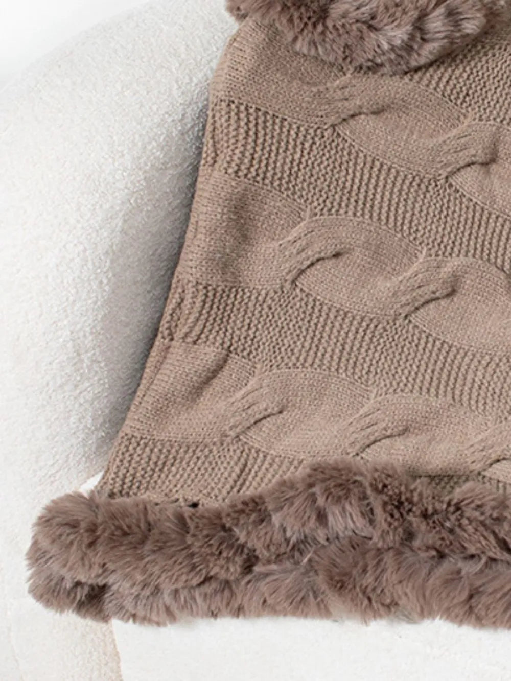 Fuzzy Hem Cable-Knit Poncho - Lilixa.store