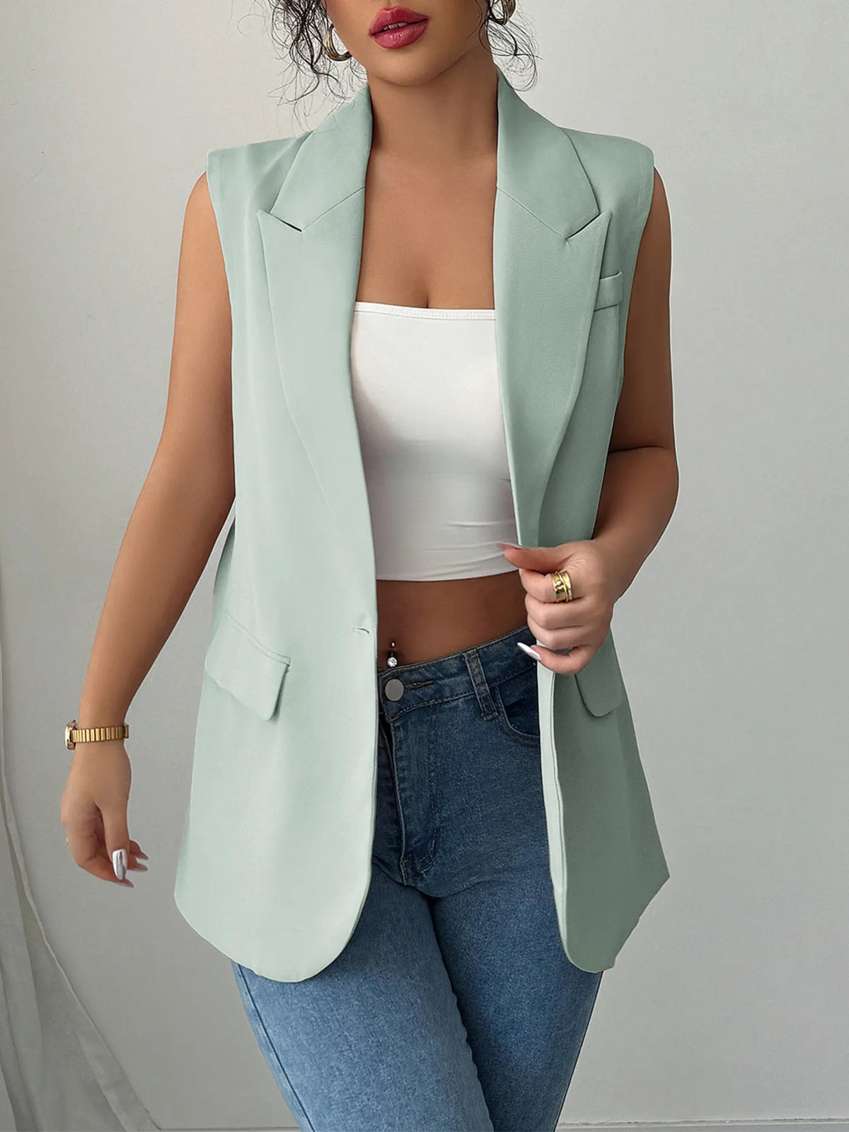 One Button V-Neck Blazer Vest Coat in Green