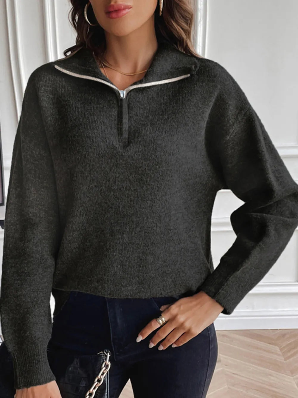 Half Zip Dropped Shoulder Sweater in Black