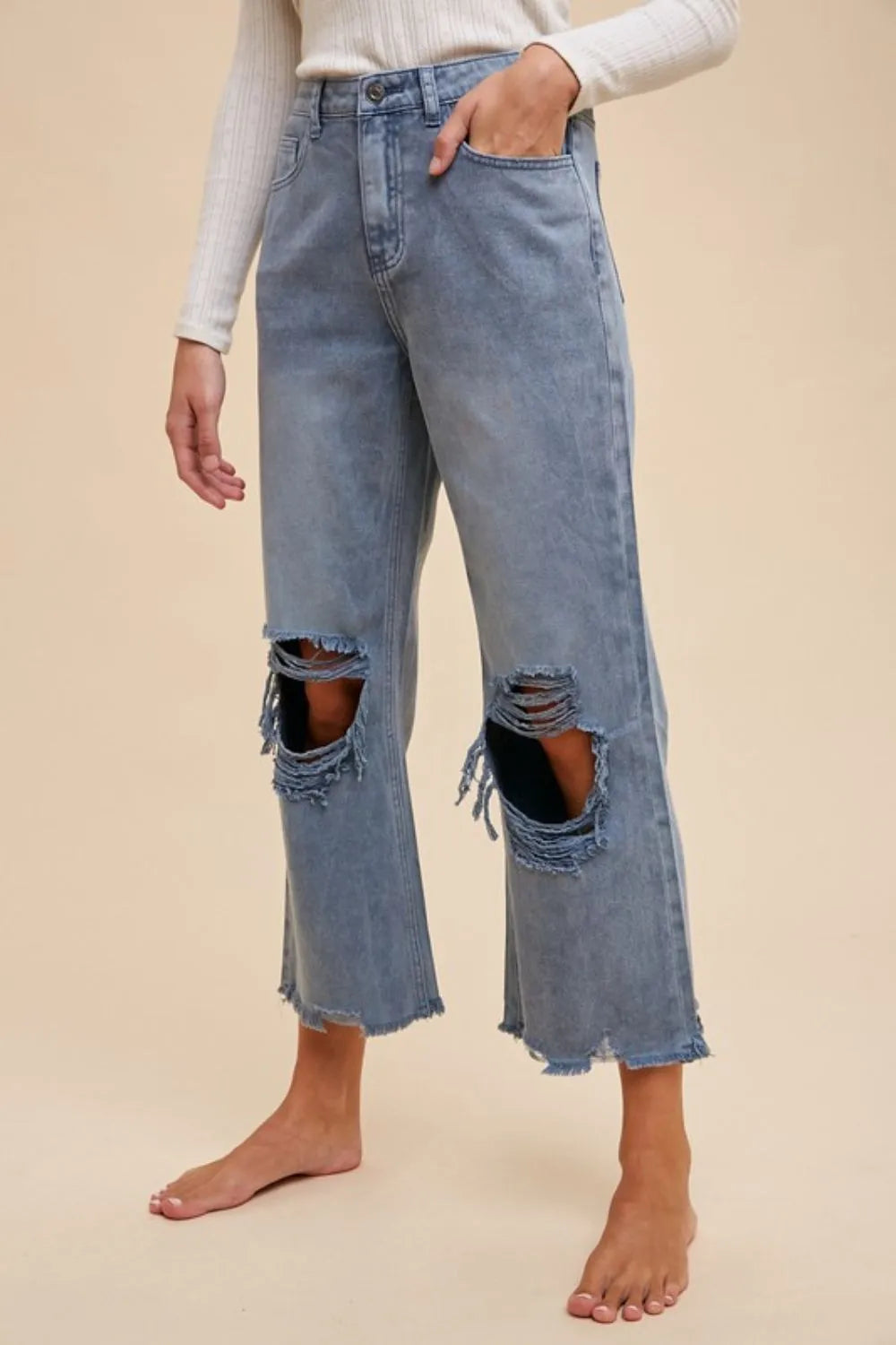 Annie Wear Distressed Raw Hem Jeans in Dusty Blue, view 2