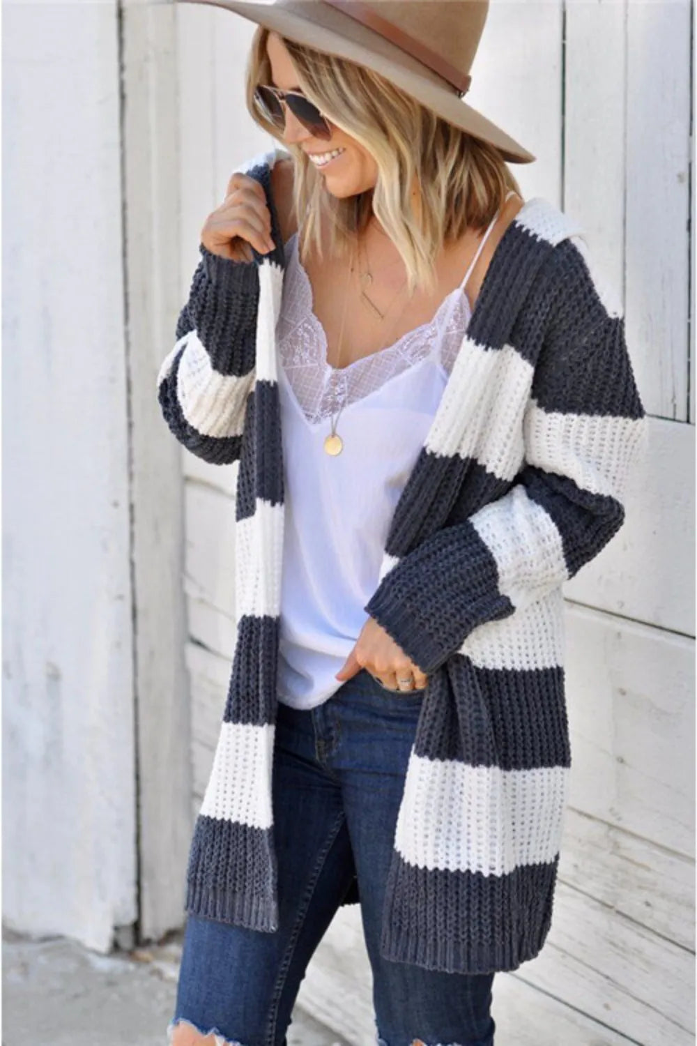 Contrast Stripes Open Front Long Sleeve Cardigan - Lilixa.store
