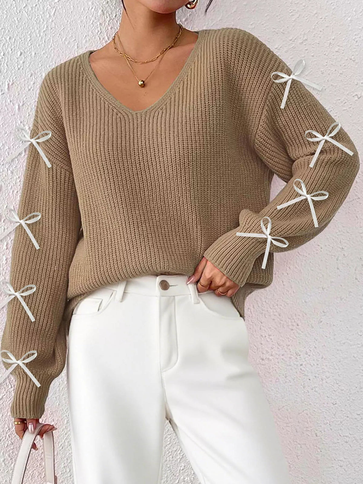 Bow-Tie Sleeve V-Neck Sweater - Lilixa.store