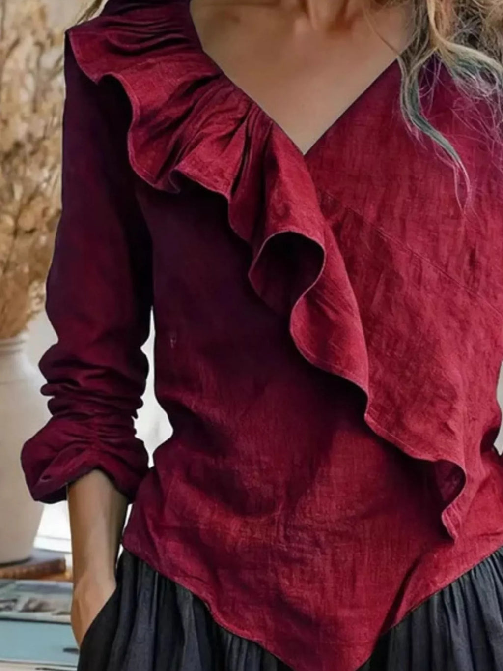 V-Neck Ruffled Long Sleeve Blouse - Lilixa.store