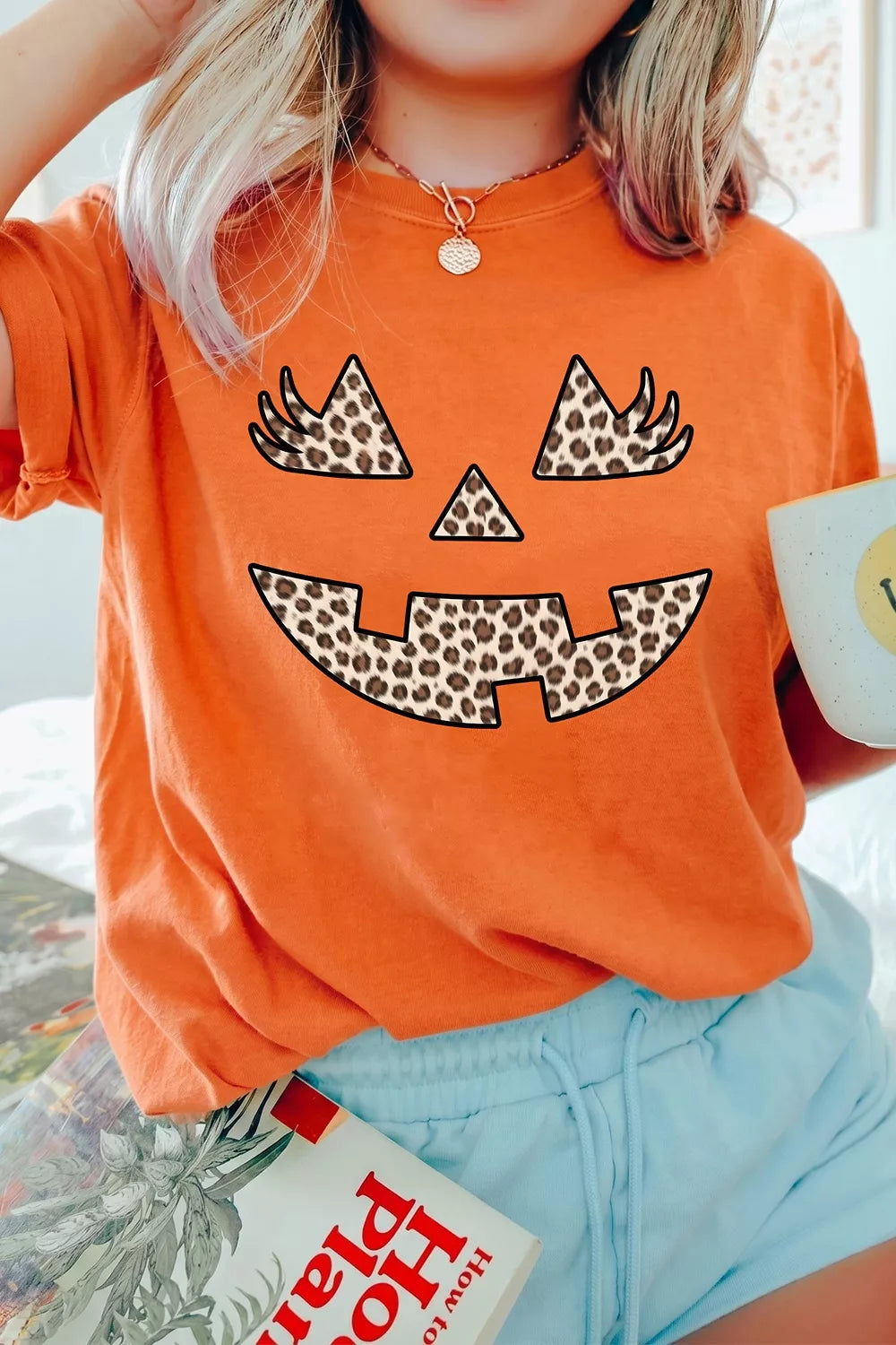 Halloween Pumpkin Face Leopard Graphic T-Shirt
