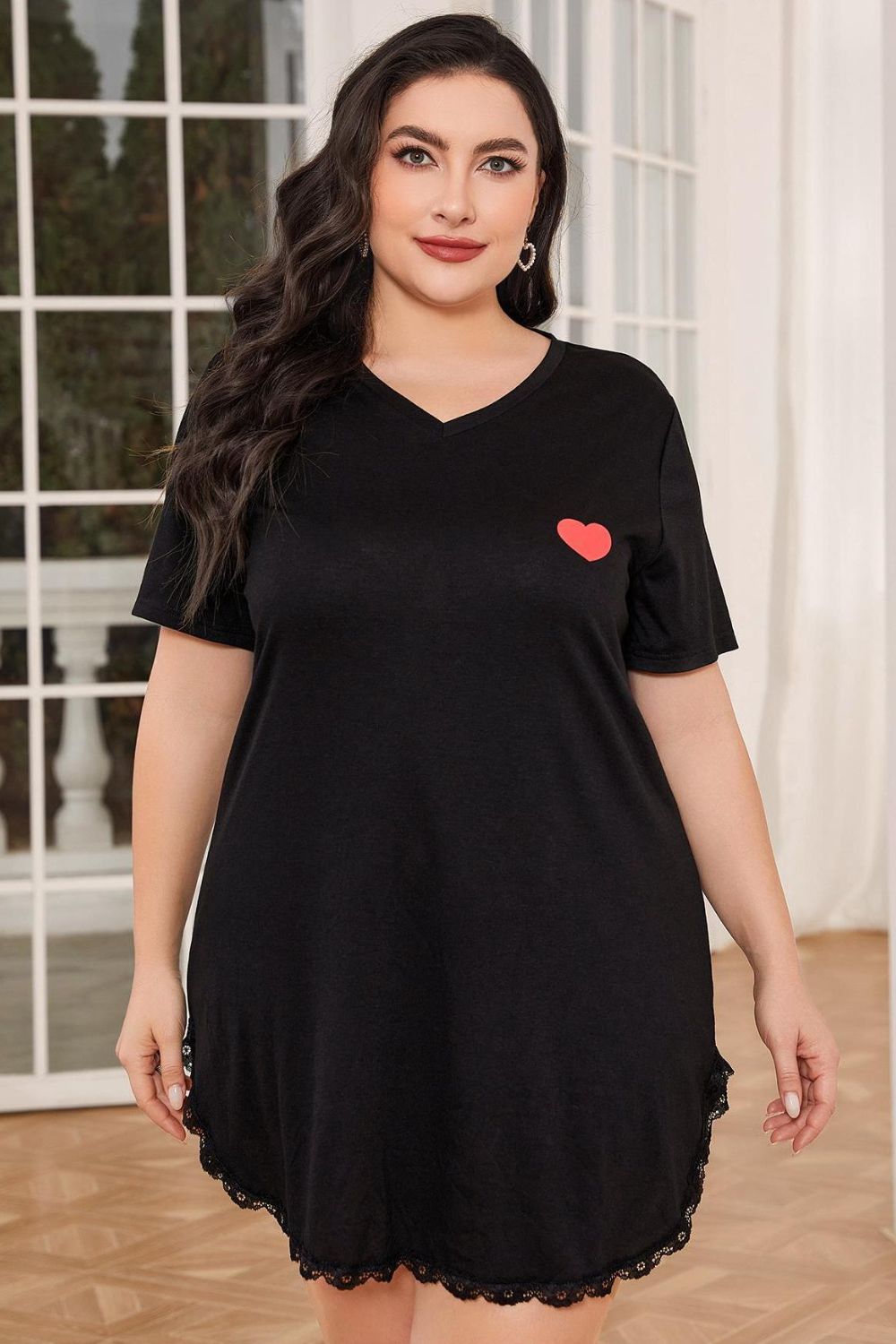 Plus Size Lace Trim V-Neck Short Sleeve Night Dress - Lilixa.store