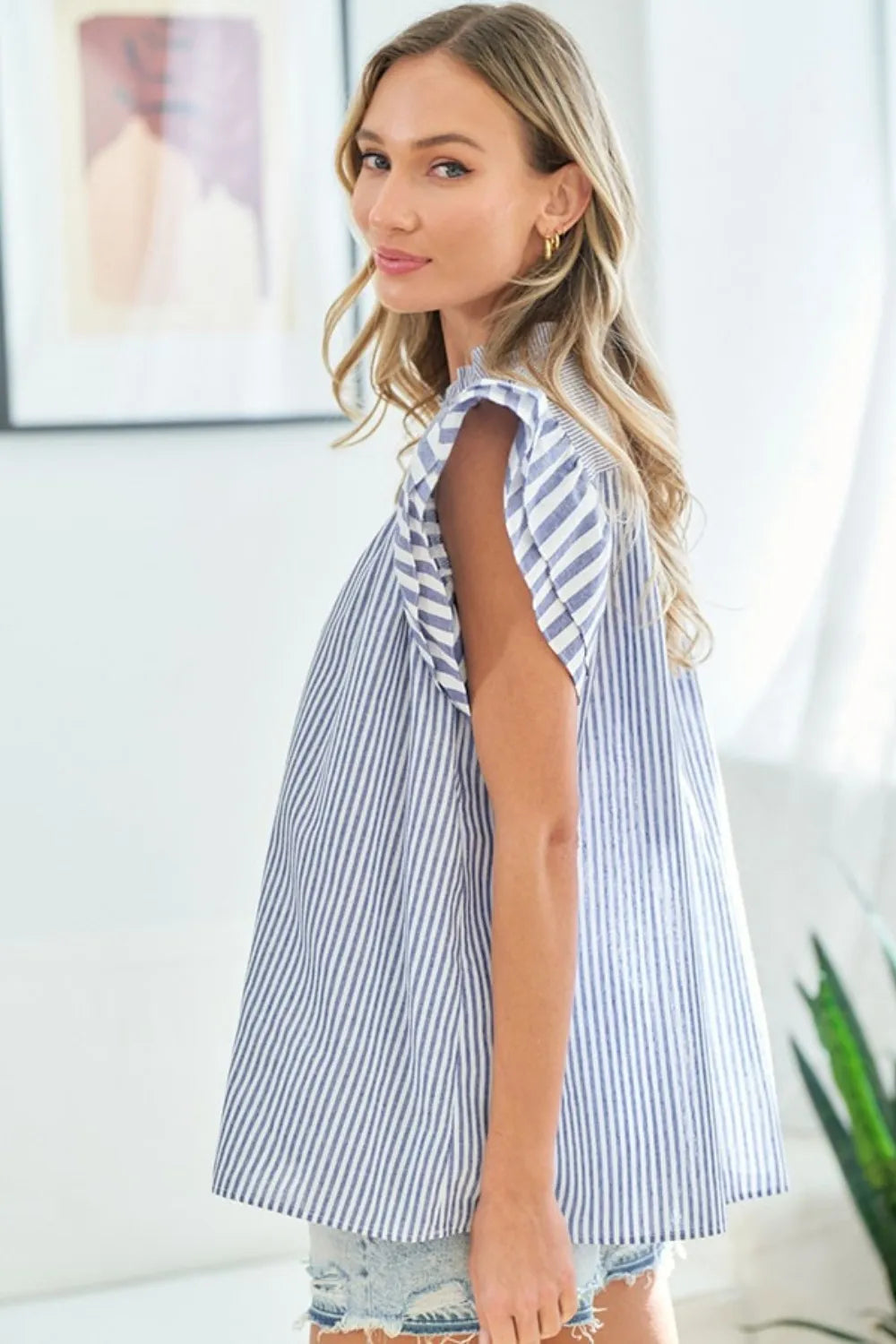 First Love Full Size Striped Flutter Sleeve Blouse - Lilixa.store