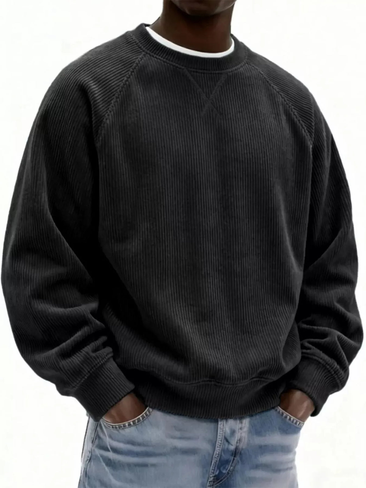 Men's Full Size Corduroy Crew Neck Sweatshirt Plus Size - Lilixa.store