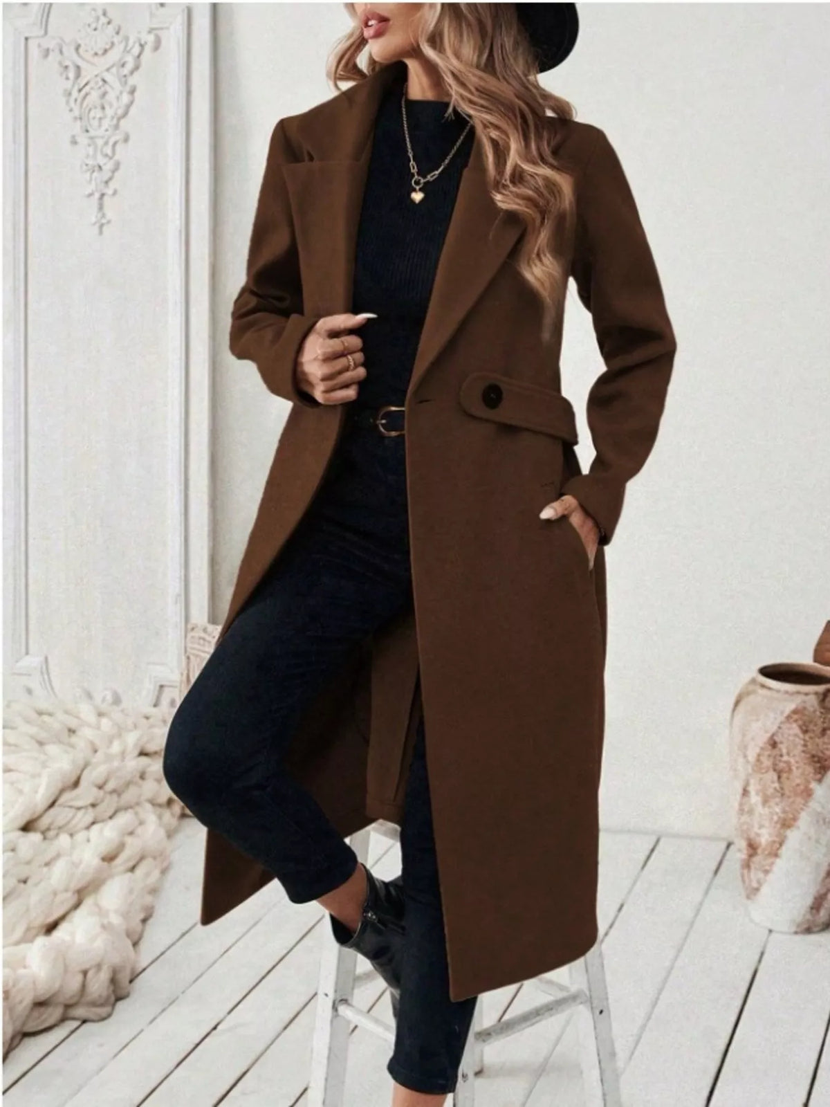 Full Size Elegant Lapel Collar Belted Coat with Pockets Plus Size, view 7