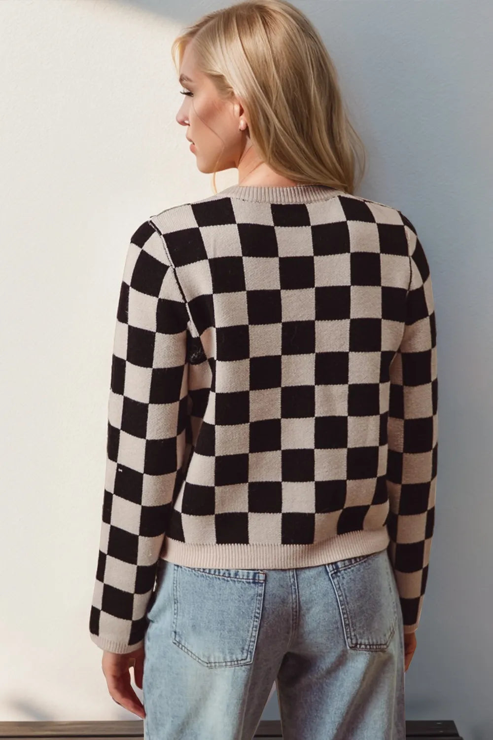Double Take Full Size Checkered Tie Front Long Sleeve Cardigan - Lilixa.store