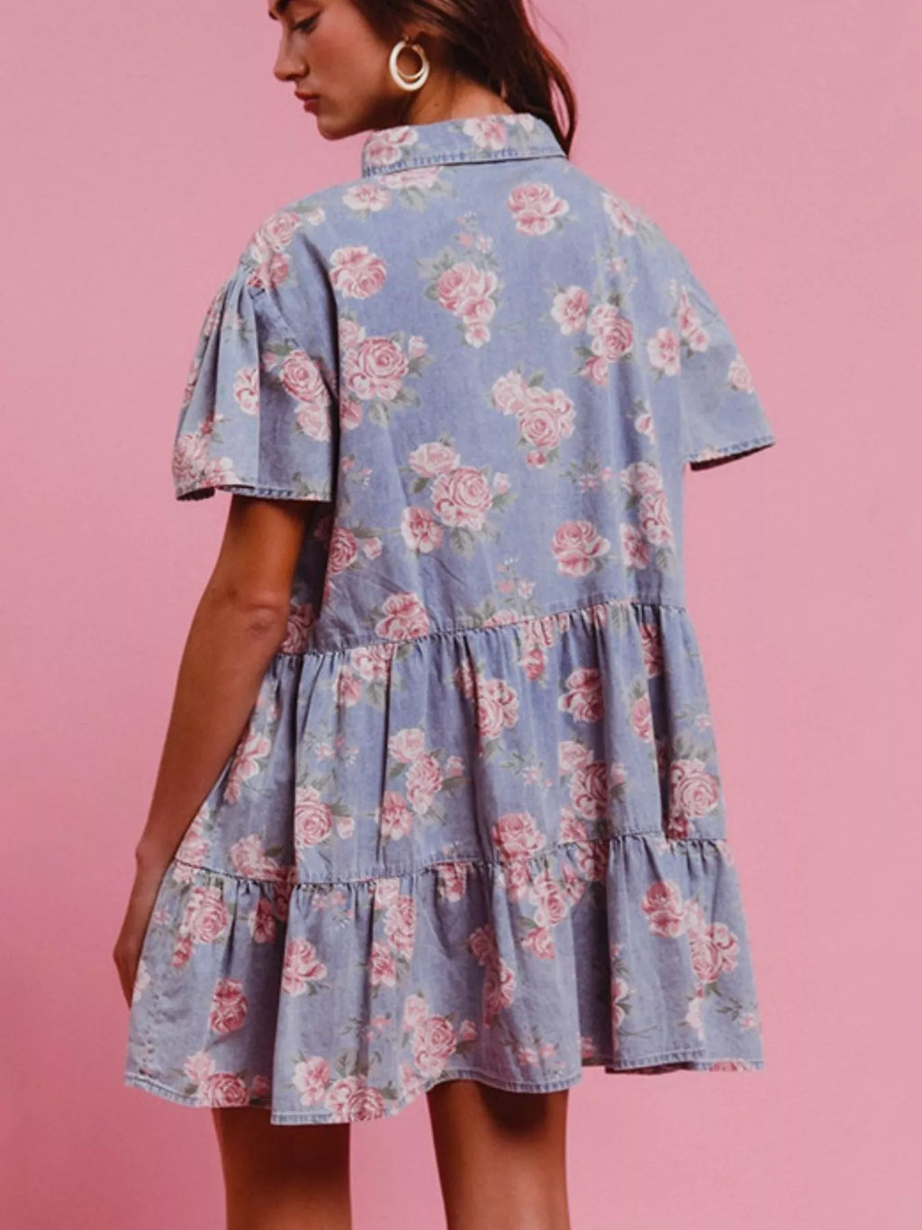 Floral Print Denim Button-Down Tiered Mini Dress - Lilixa.store