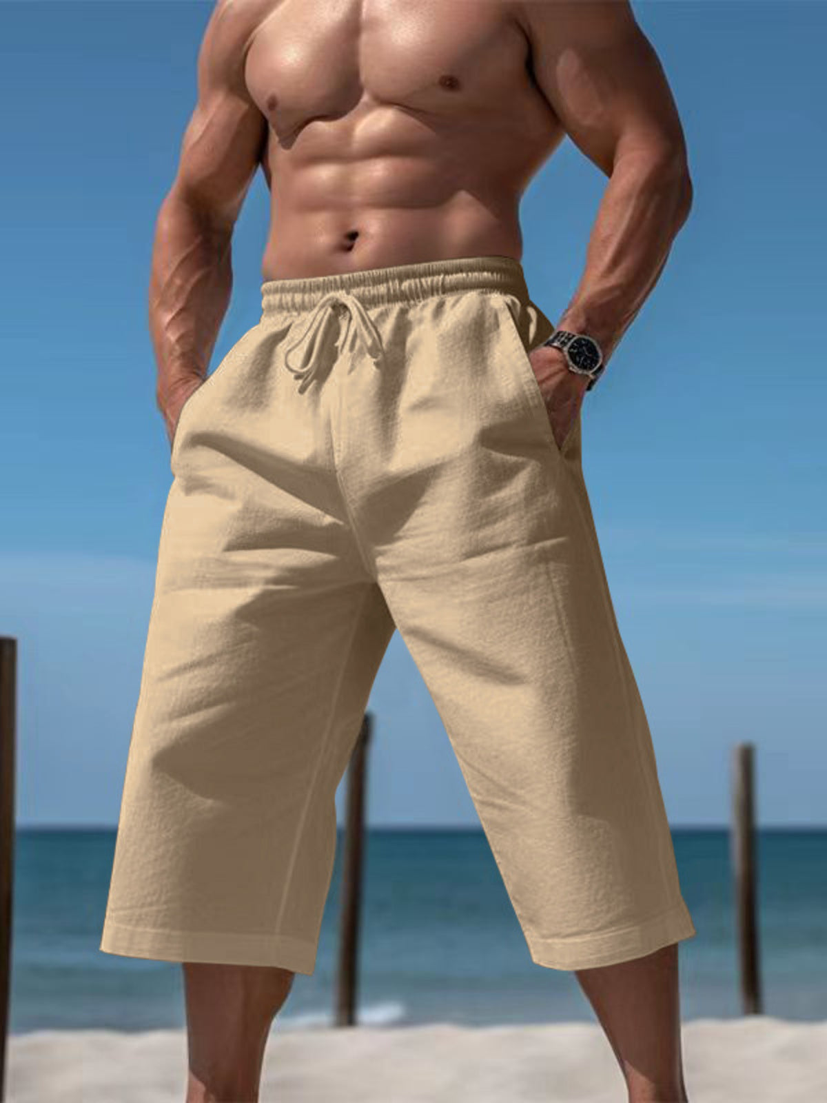 Men's Full Size Casual Drawstring Cropped Pants Plus Size in Light Khaki