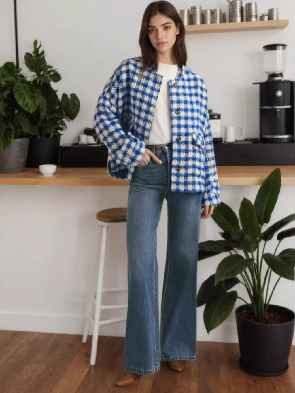 Houndstooth Button Up Long Sleeve Jacket in Blue, view 4