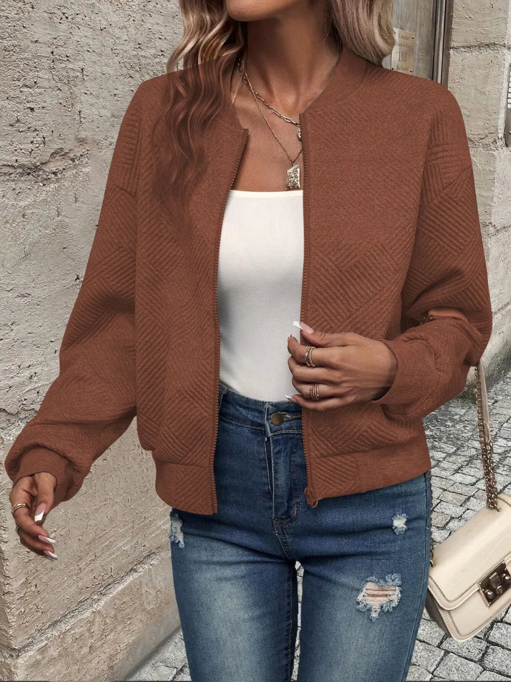 Textured Zip Up Long Sleeve Jacket, view 14