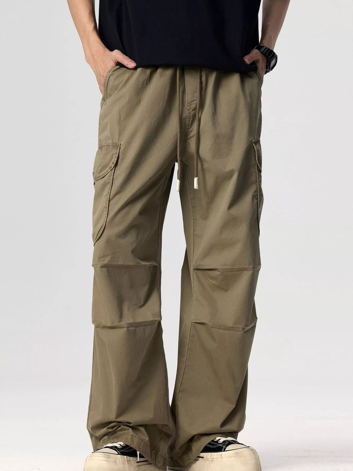 Men's Plus Size Drawstring Wide Leg Cargo Pants in Deep Khaki