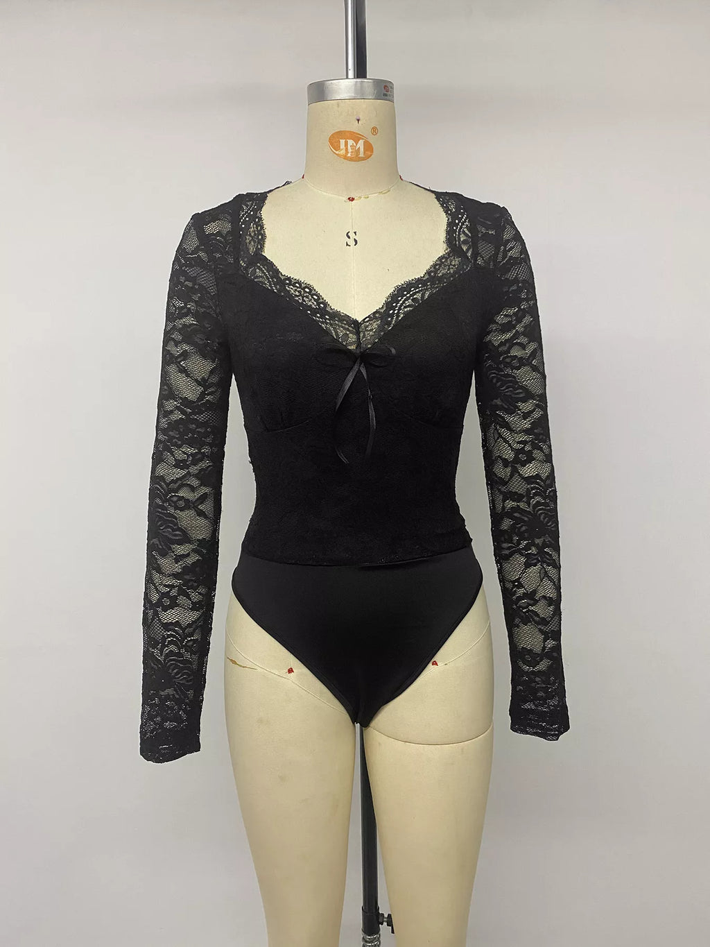 Lace Long Sleeve Bodysuit with Bow Detail - Lilixa.store