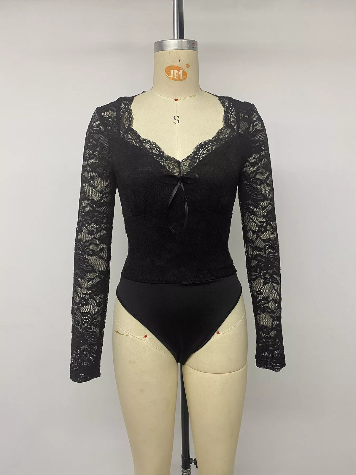 Lace Long Sleeve Bodysuit with Bow Detail - Lilixa.store